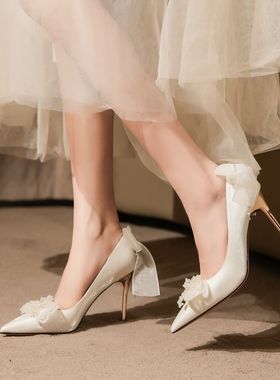 9888A-076绸缎细跟蝴蝶结水钻白色高跟鞋女鞋婚礼宴会婚鞋伴娘鞋