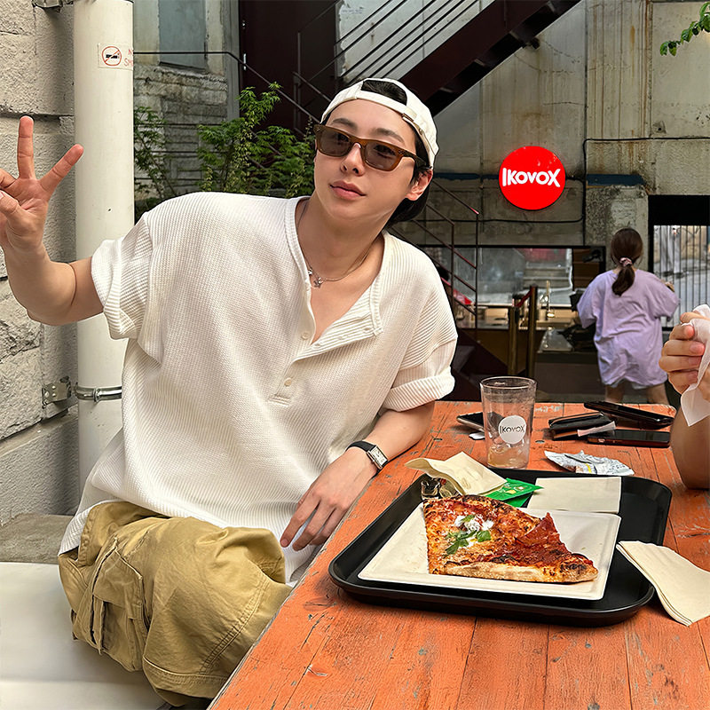 高级感华夫格亨利领竖条纹长袖T恤男春秋季韩版休闲宽松纯色体恤