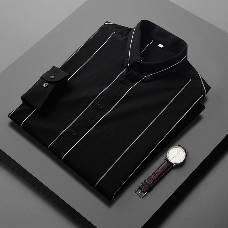 黑色衬衫男高级感痞帅长袖暗条纹上衣春夏季男款百搭修身男士