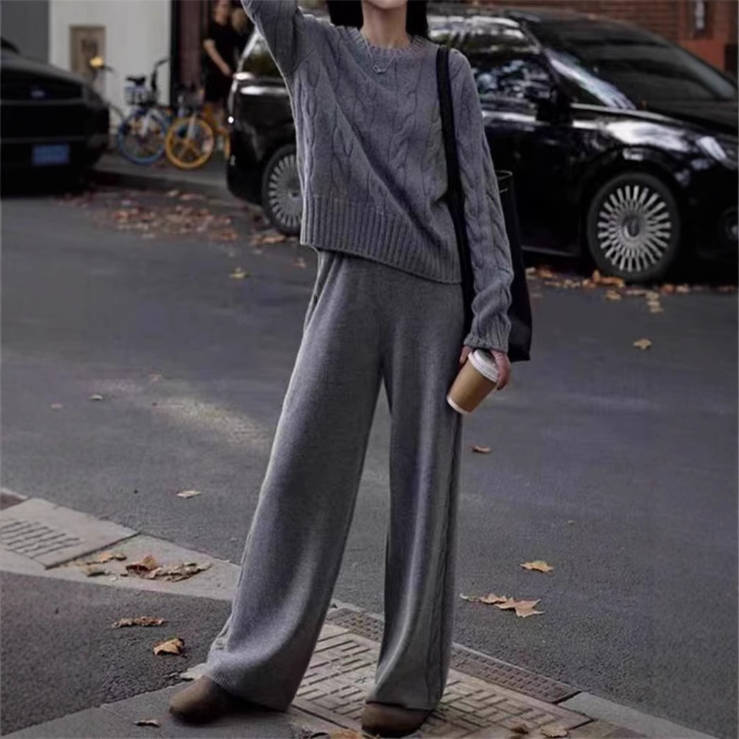 秋冬新款慵懒休闲小个子针织套装裤女圆领麻花毛衣阔腿长裤两件套