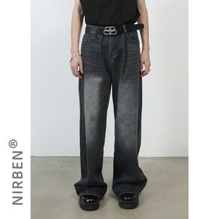 nirben牛仔|美式复古阔腿男牛仔裤拖地宽松直筒cityboy日系坠