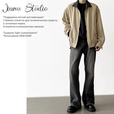 JIAMU春季竹节纹美式复古baggy jeans黑灰色牛仔裤男微喇中性垂感