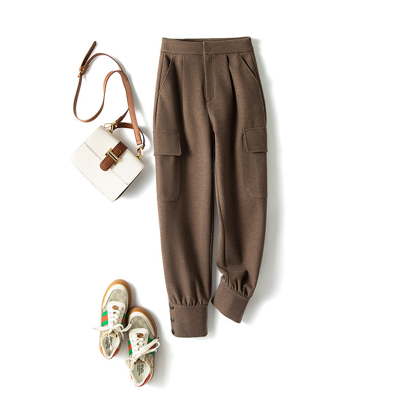 毛呢工装裤女春季高腰显瘦宽松马丁靴裤小个子休闲束脚哈伦裤子