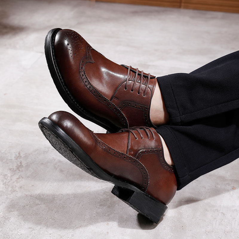 新款正装商务休闲皮鞋大头鞋男款真皮复古水洗雕花固特异英伦