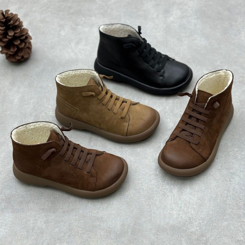 文艺手工真皮女棉靴2025冬季圆头平底松紧套脚加绒保暖牛皮女靴子,女鞋,棉鞋,淘宝优惠券,粉丝福利购,淘宝优惠卷