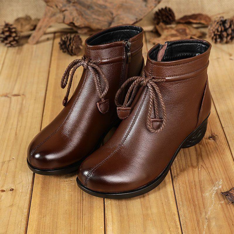 真皮加绒冬季女棉靴新款保暖防滑妈妈棉靴中老年平底保暖棉鞋女,女鞋,棉鞋,淘宝优惠券,粉丝福利购,淘宝优惠卷