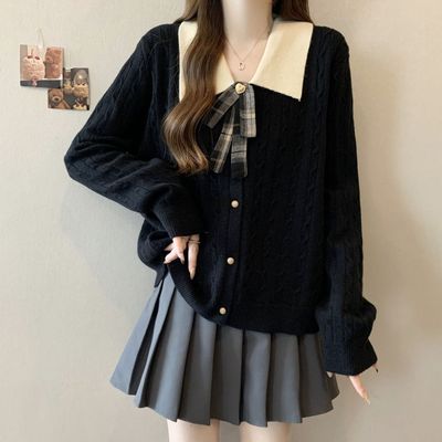 200斤大码女装洋气翻领学院风针织衫春秋新款蝴蝶结撞色长袖上衣