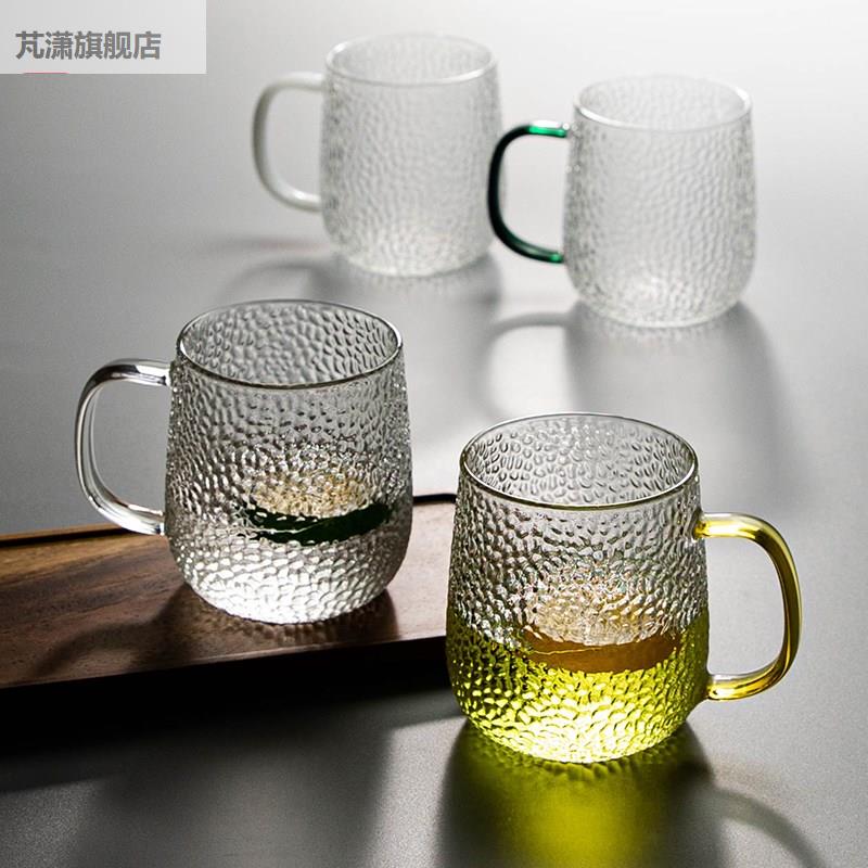 温耐高锤纹玻璃杯家简用手工可加热水杯式子带把手约办公日室茶杯