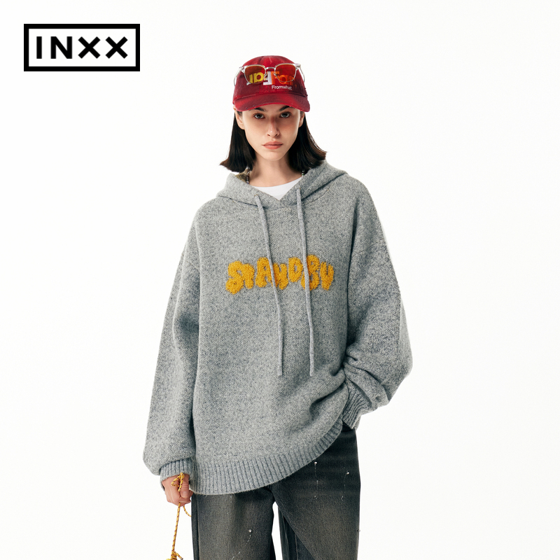 【INXX】Standby 慵懒风连帽毛衣男纯色提花宽松休闲针织衫帽衫女