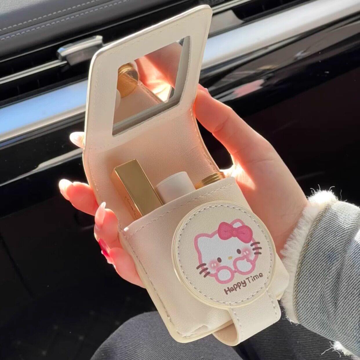 网红kitty猫口红粉饼收纳包女便携式可爱化妆包自带镜子补妆神器