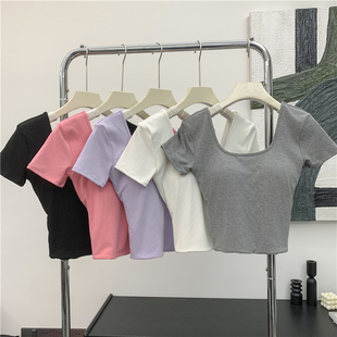 十三行新款辣妹性感交叉后背设计感短袖T恤女夏季修小上衣带胸垫