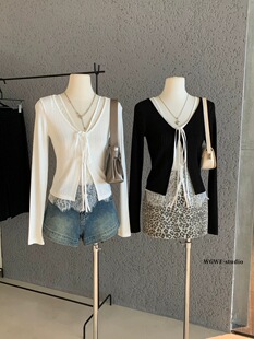 韩国博主同款新款假两件拼接蕾丝系带针织衫辣妹风上衣女