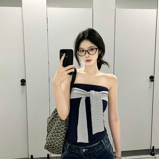 新款 帶胸墊 抹胸背心女2025夏季 韓系復古設計感條紋綁帶拼接無袖