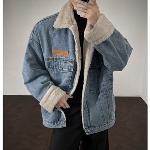 冬季 羊羔绒加绒加厚保暖牛仔外套男女潮流宽松港风情侣棉衣棉服潮