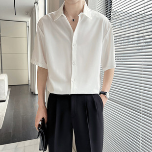 黑色高级感白色痞帅长袖 冰丝短袖 夏季 男士 衬衣休闲dk宽松 纯色衬衫