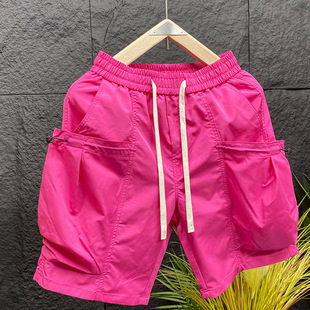 男夏季 子休闲大裤 多巴胺速干五分裤 宽松沙滩裤 衩 潮牌男士 粉色短裤