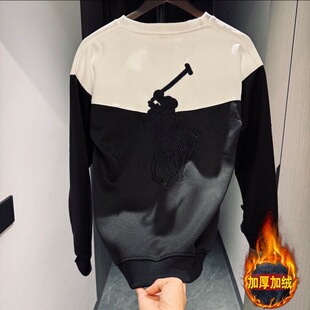 刺绣战马加绒卫衣学生男女同款网红拼接撞色潮牌上衣圆领长袖T恤