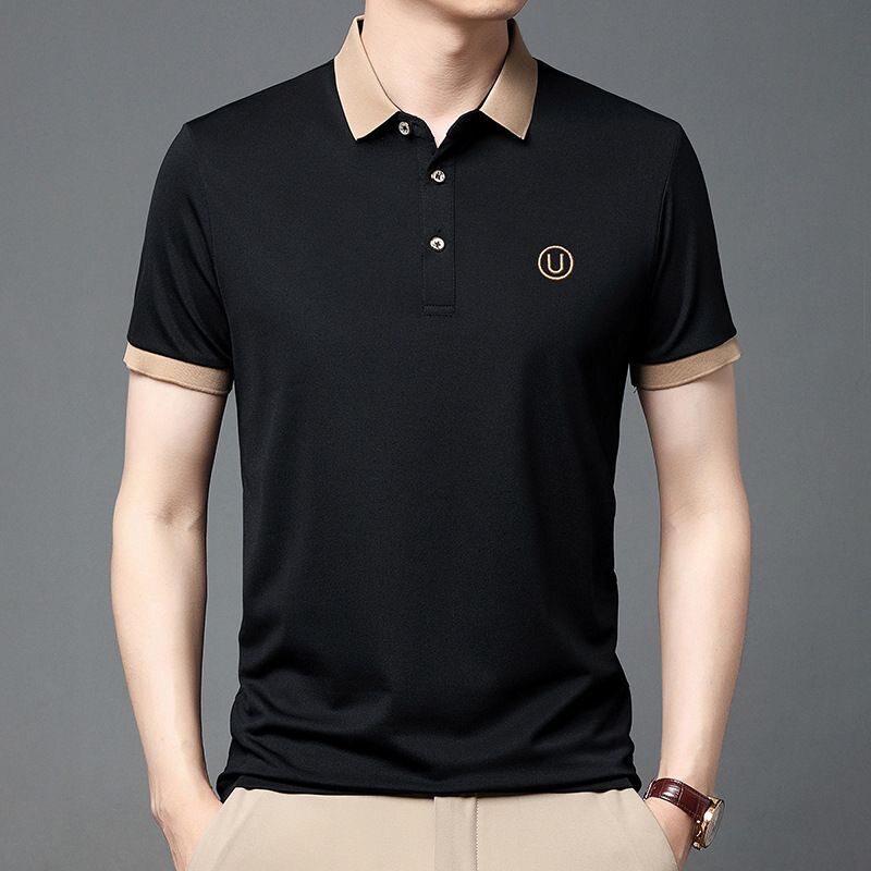 EUROPEAN STATION FASHION BRAND LAPEL POLO SHIRT MENS YOUTH SIMPLE ICE SILK EMBROIDERY COLLARED SHORT SLEEVE T-SHIRT LIGHT LUXURY MENS T