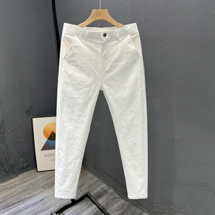 夏季 男士 薄款 裤 日系潮牌纯棉修身 子直筒简约百搭白色休闲裤 九分裤
