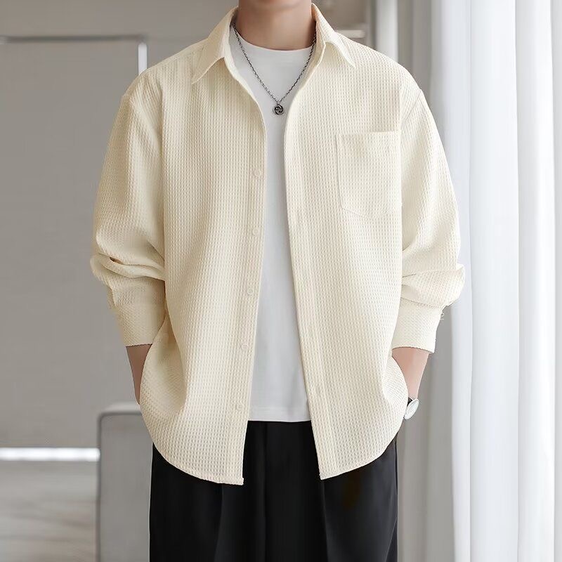 翻领+长袖+华夫格+潮流+宽松衬衫