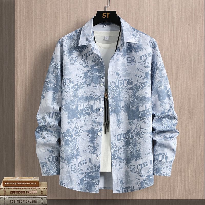 春秋季新款长袖衬衫男士韩版修身学生潮流涂鸦上衣服男装薄款衬衣