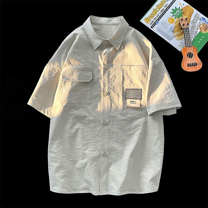 男装工装短袖衬衫外套男夏季新款冰丝五分袖宽松港风口袋衬衣夏天