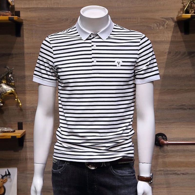 商务夏季短袖休闲刺绣条纹POLO衫
