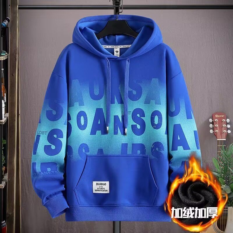 连帽+加绒+宽松+渐变+潮牌+印花