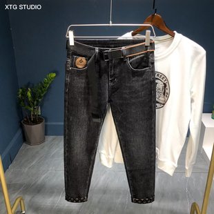 轻奢侈高端欧货秋季水洗烟灰色牛仔裤男修身小直筒弹力休闲裤子男