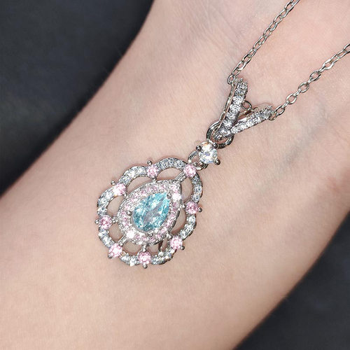 Necklace Light Luxury Light Blue Pink Diamond Drop Pear
