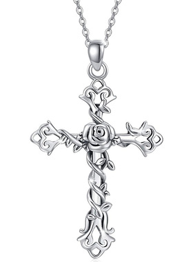 Metallic Cross And Rose Pendant Hollow Flower Necklace