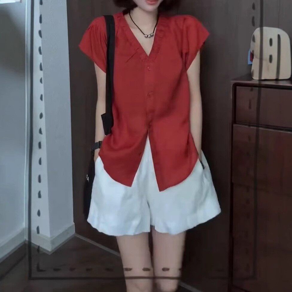日系cherry kitty夏季新款v领单排扣色小衫高腰宽松短裤女潮