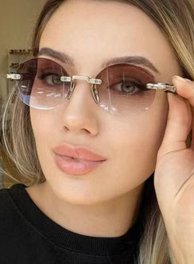 日系moleubak无框切边椭圆太阳镜ins模特墨镜新款走秀时尚街拍