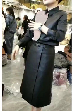 日系cherry kitty秋冬新款时尚黑拼格长袖衬衫中长款半裙显瘦女