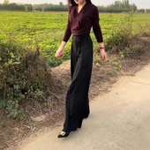 t恤高腰阔腿裤 日系cherry 高级感v领交叉长袖 新款 女 kitty秋季