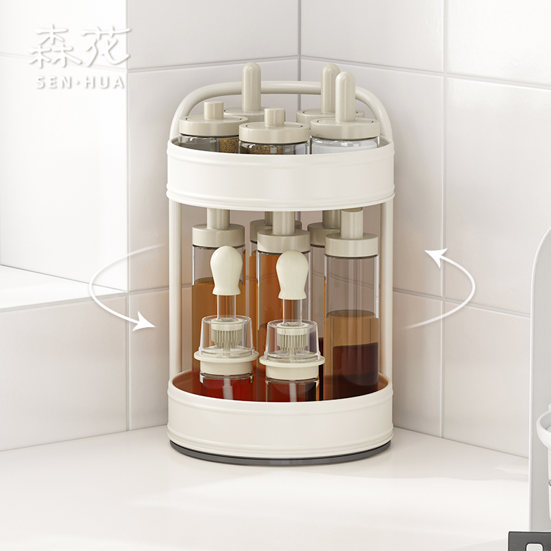 森花厨房可旋转收纳调味品瓶罐置物架桌面多功能双层托盘调料架子