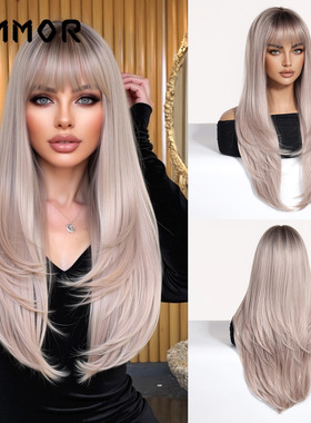 欧美齐刘海棕色长直全头套假发女golden brown long straight wig