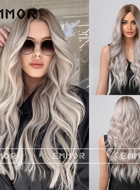 欧美灰白渐变长卷全头套假发Gray white gradient long curly wig