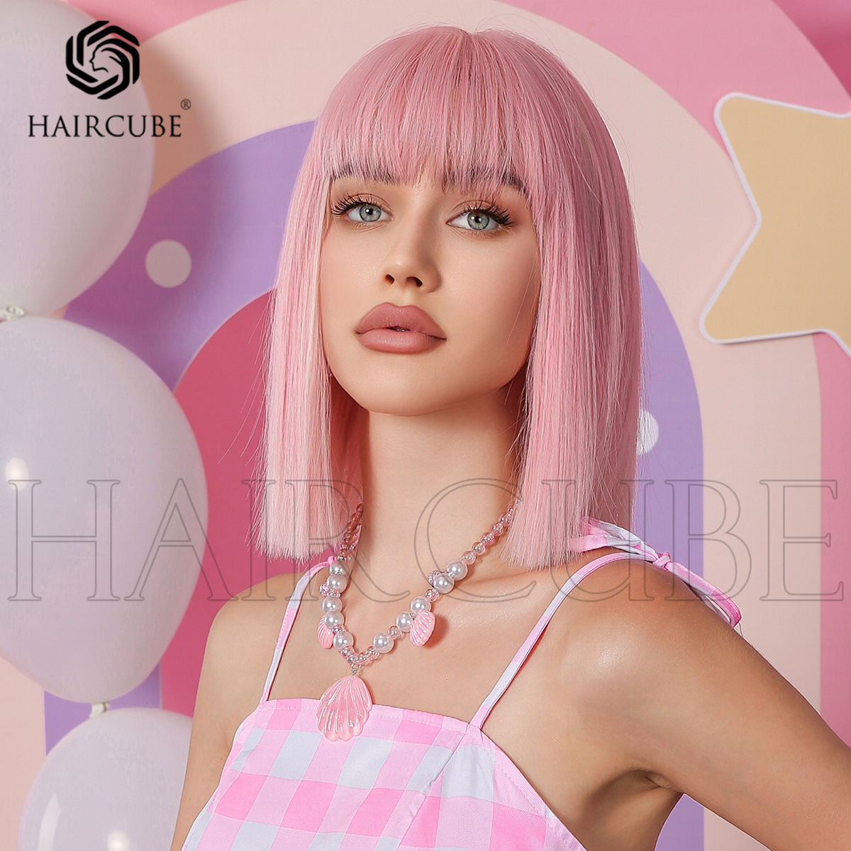 Barbie Light pink shoulder length straight wig芭比粉色短假发