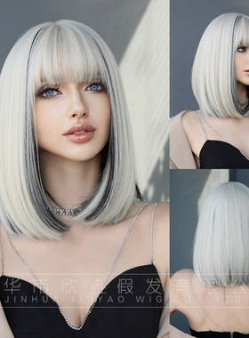 欧美金色短发挑染黑短直发假发golden black short straight wigs