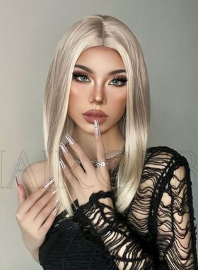 20inch White gold short straight wig白金混色中长直全头套假发