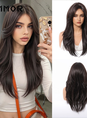 欧美风黑棕层次微卷长全头套假发女Black golden long curly wigs