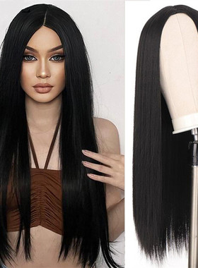 欧美黑色中分长直发假发女Black Hair African Long straight wig