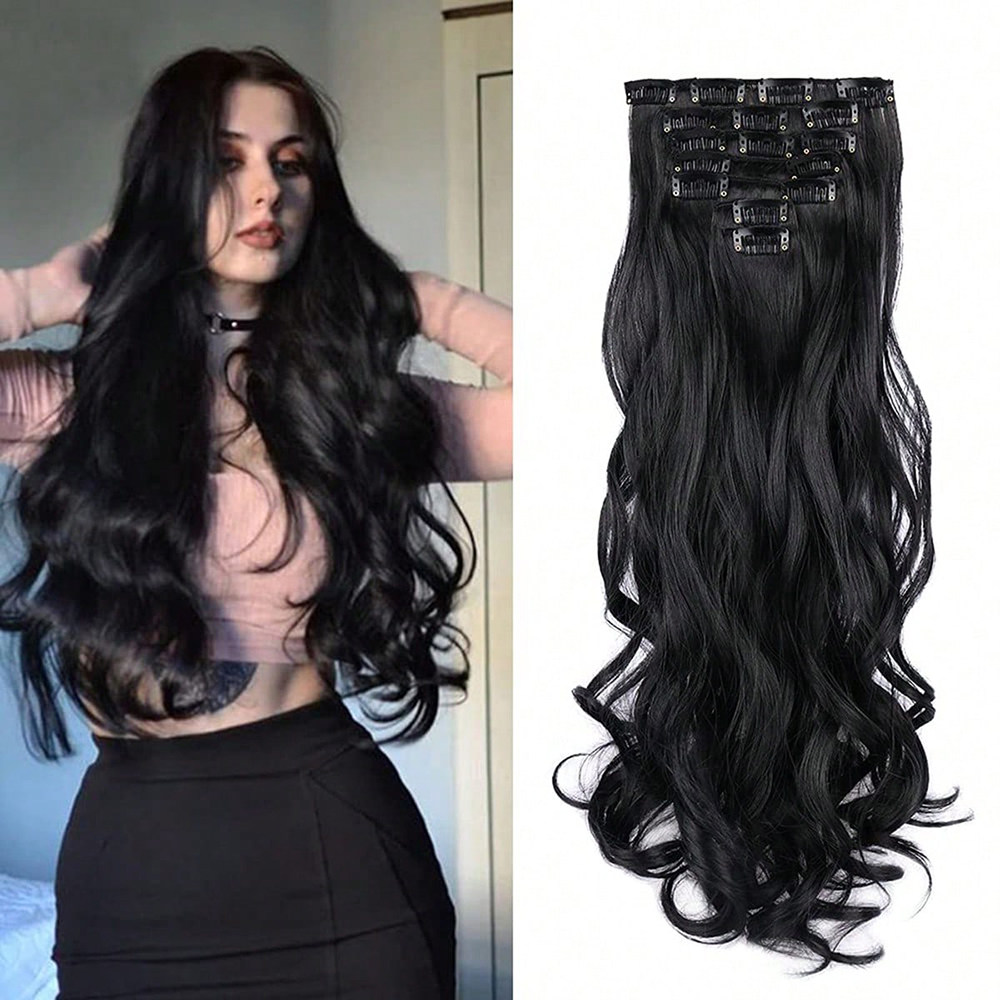 7Pcs set Wavy Curly Full Head Hair Extensions Dark Black wig