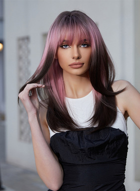 欧美全头套 粉色渐变棕齐刘海长直假发pink brown bangs long wig
