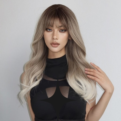 欧美灰棕色大波浪长卷全头套假发