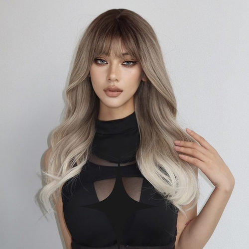 欧美灰棕色大波浪长卷全头套假发