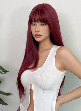 超显白梅子红色及腰长直发假发 Plum Red Long Straight Hair Wig
