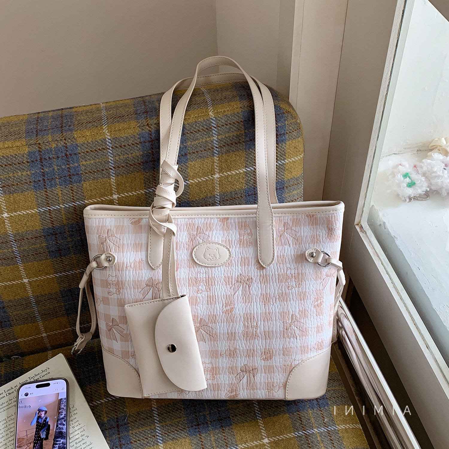 少女风格子印花托特包女大容量2026春季新款百搭上课通勤单肩包