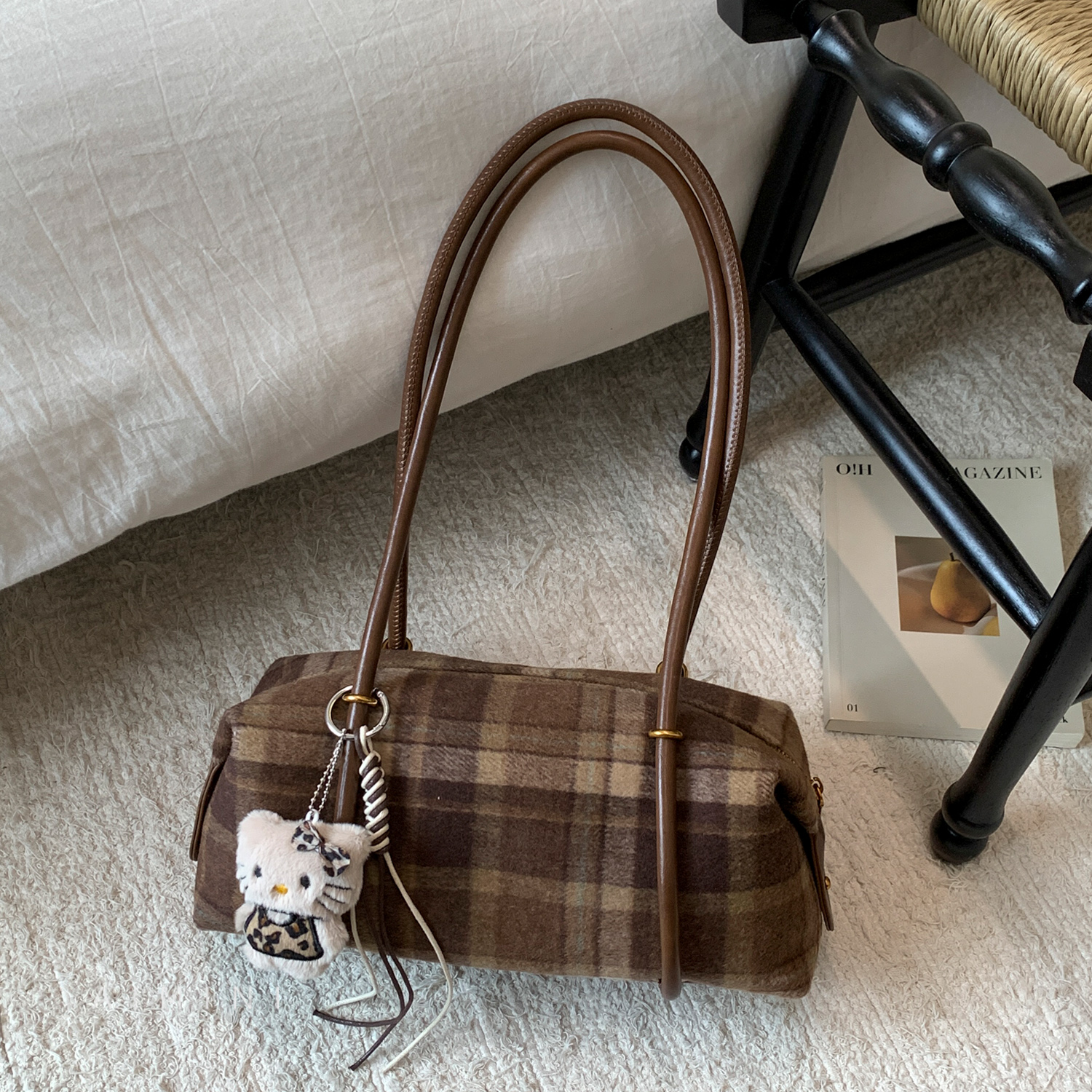 毛呢格纹保龄球包女单肩腋下包